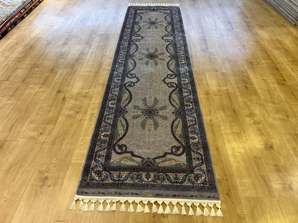 Gray Gold Medallion Silk Runner Rug, 3x10 ft, Classic Luxury Hallway Rug