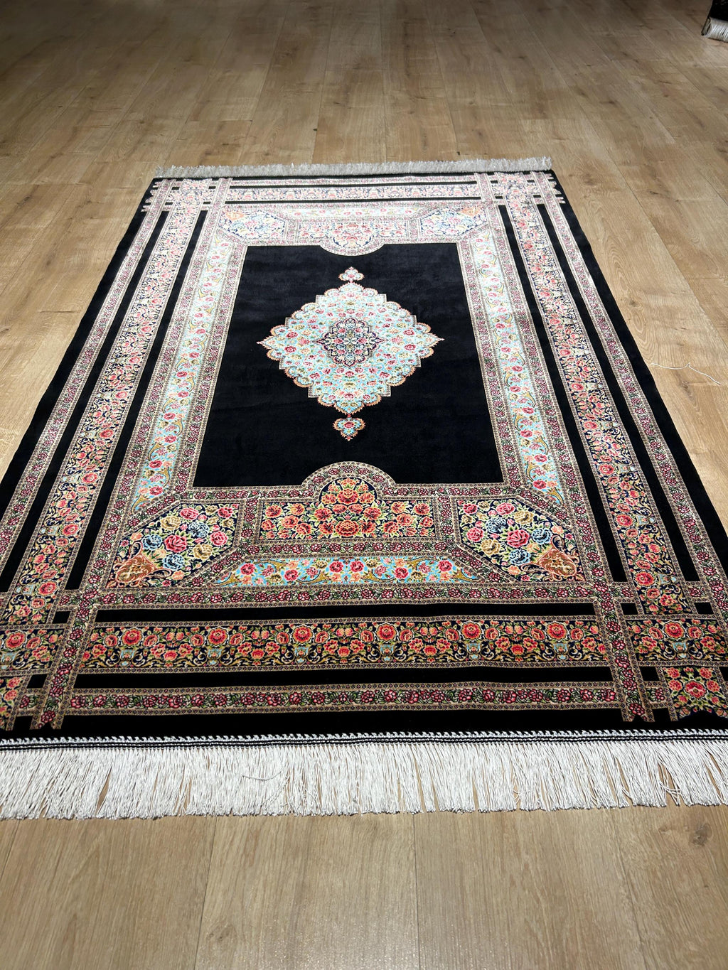Black Silk Rug, Floral Medallion and Border Design Classic Luxury Silk Carpet