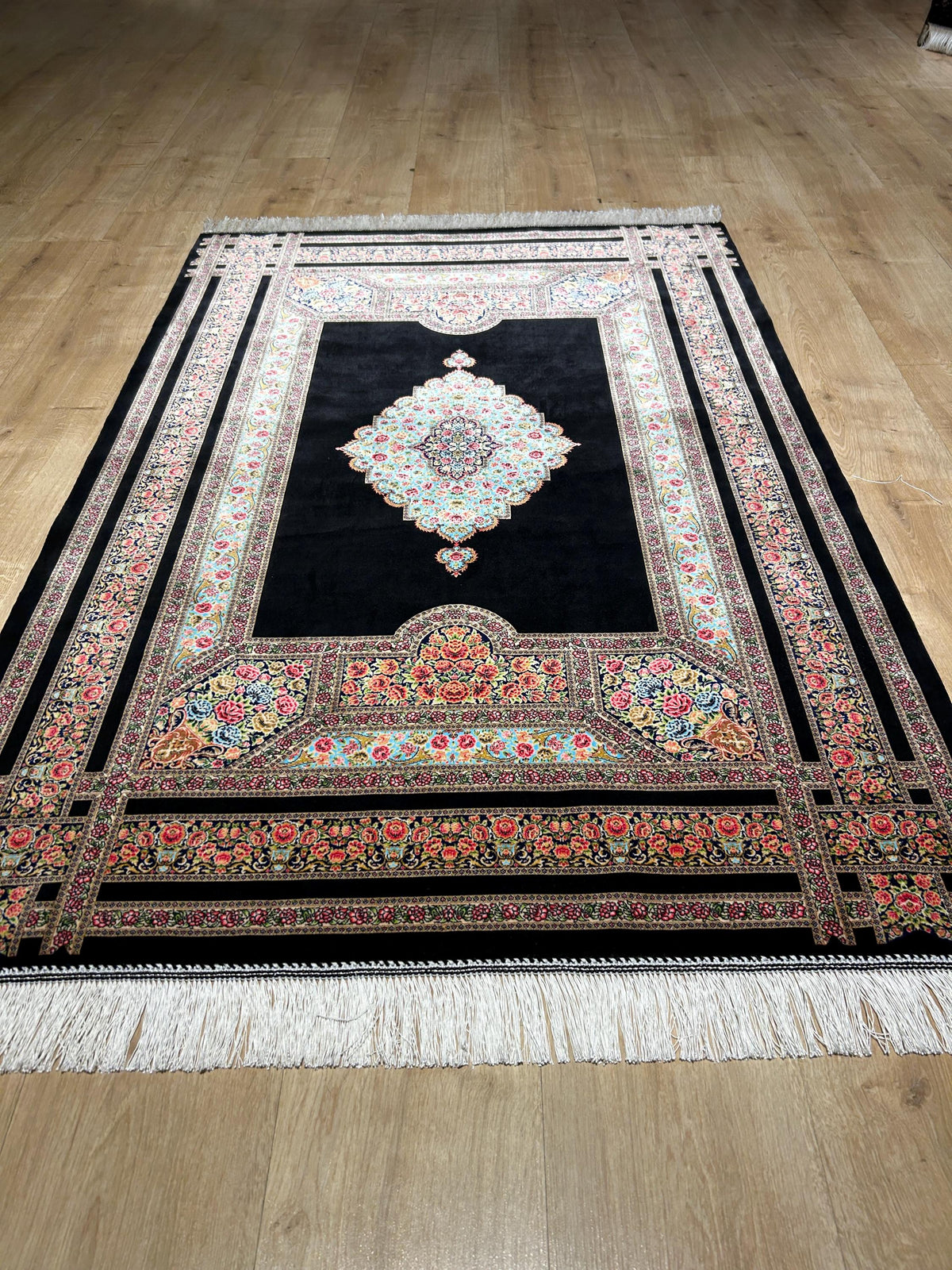 Black Silk Rug, Floral Medallion and Border Design Classic Luxury Silk Carpet