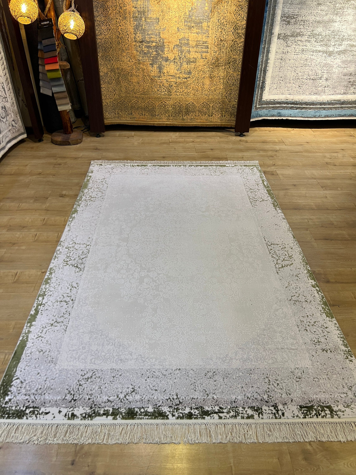 Gray Green Bamboo Area Rug, 5x8 ft, Turkish Style Carpet