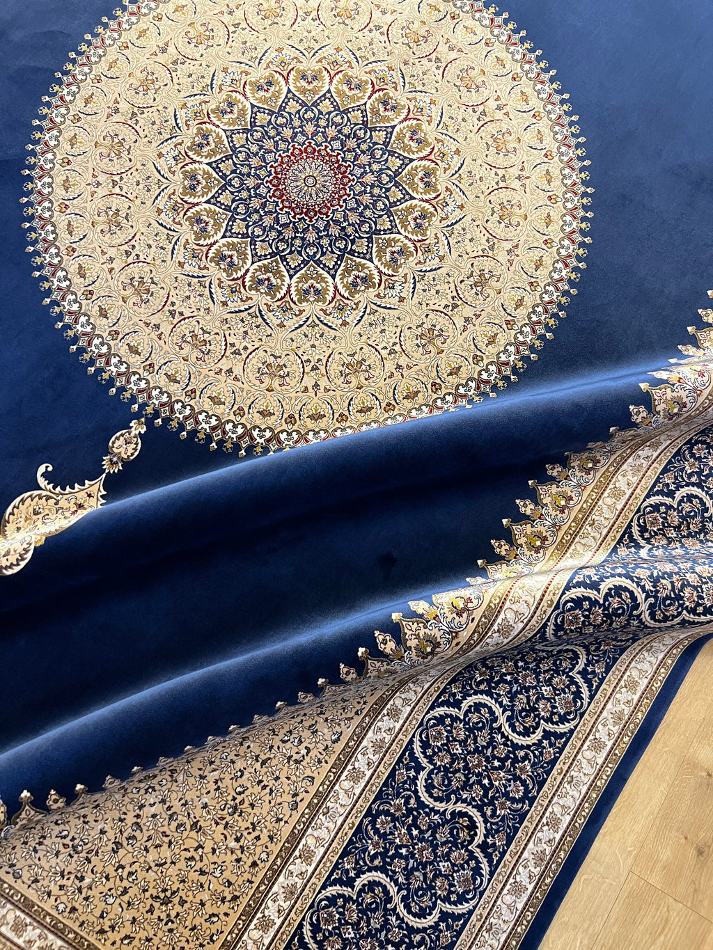 7x10 ft Elegant Silk Rug, Navy Ground Gold Medallion Classic Design
