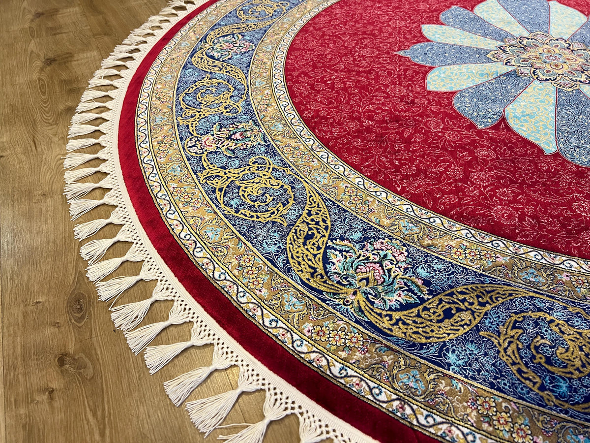 5x5 ft Round Red Silk Rug With Blue Medallion