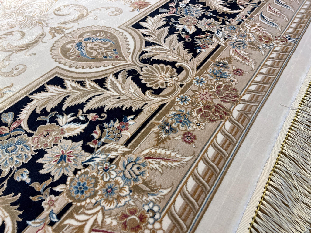 10x13 ft Ivory Silk Rug with Navy Blue Border Gold Medallion, Big Silk Carpet