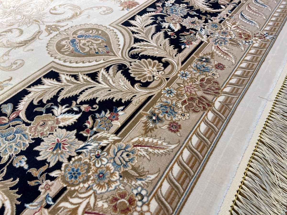 10x13 ft Ivory Silk Rug with Navy Blue Border Gold Medallion, Big Silk Carpet