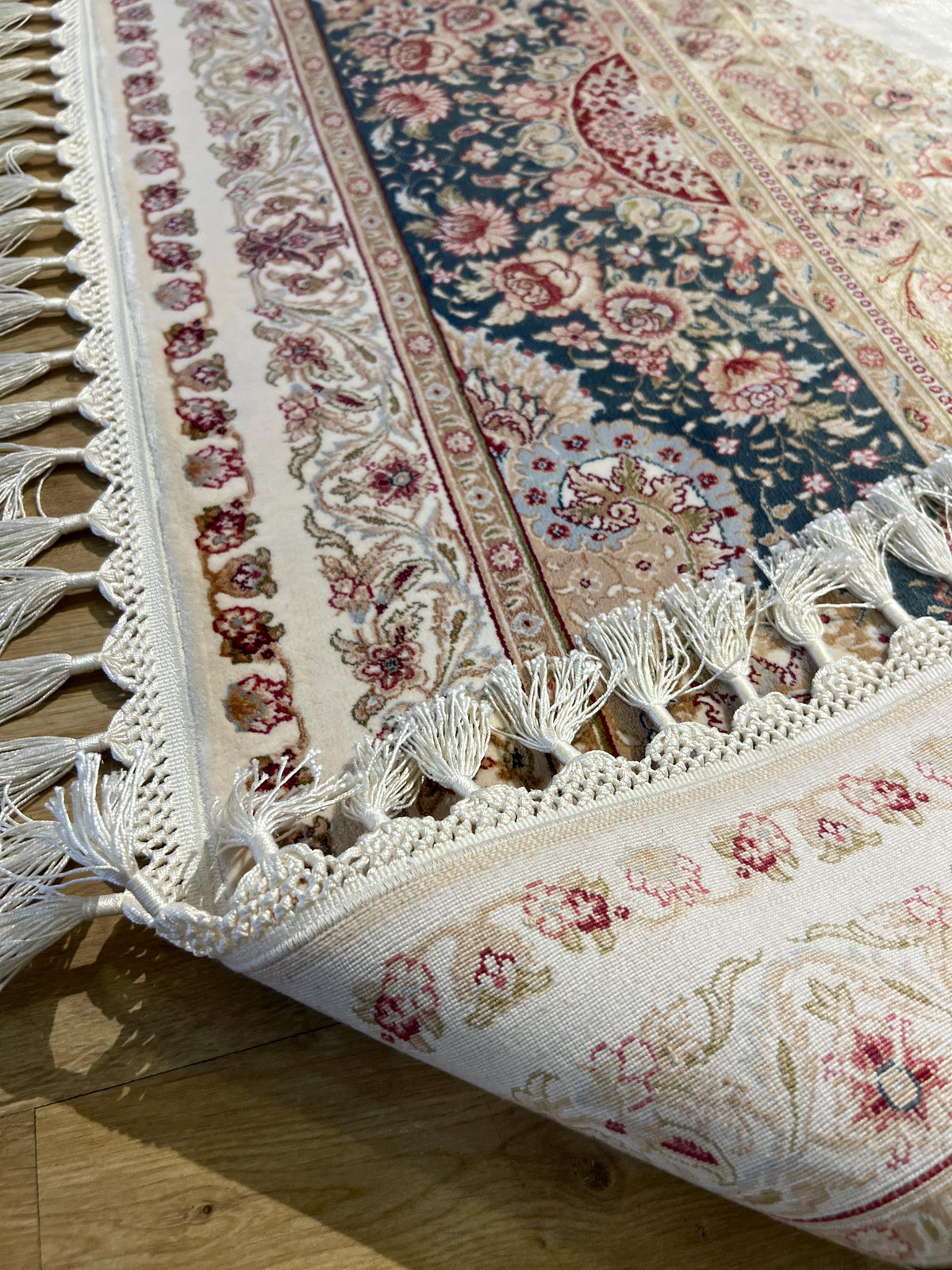 Cream Blue Silk Rug, Turkish Ottoman Style, 8x11 ft