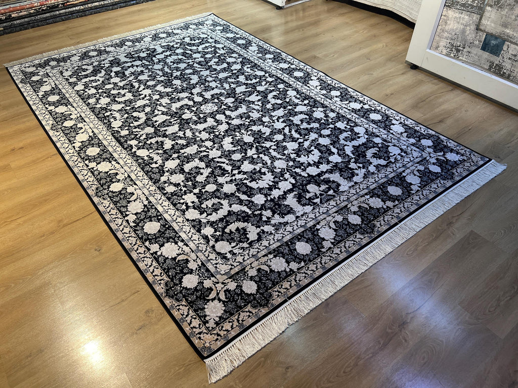 Black Classic Silk Rug with Gold Floral Motifs, Luxury Silk Carpet