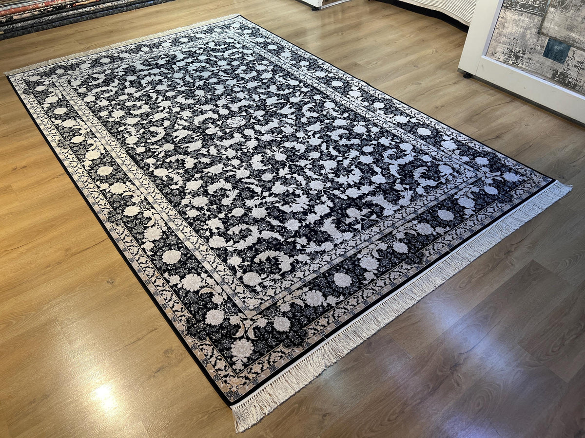 Black Classic Silk Rug with Gold Floral Motifs, Luxury Silk Carpet