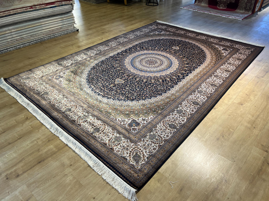 8x11 ft Dark Blue Silk Rug with Gold Medallion, Classic Turkish Style Luxury Carpet