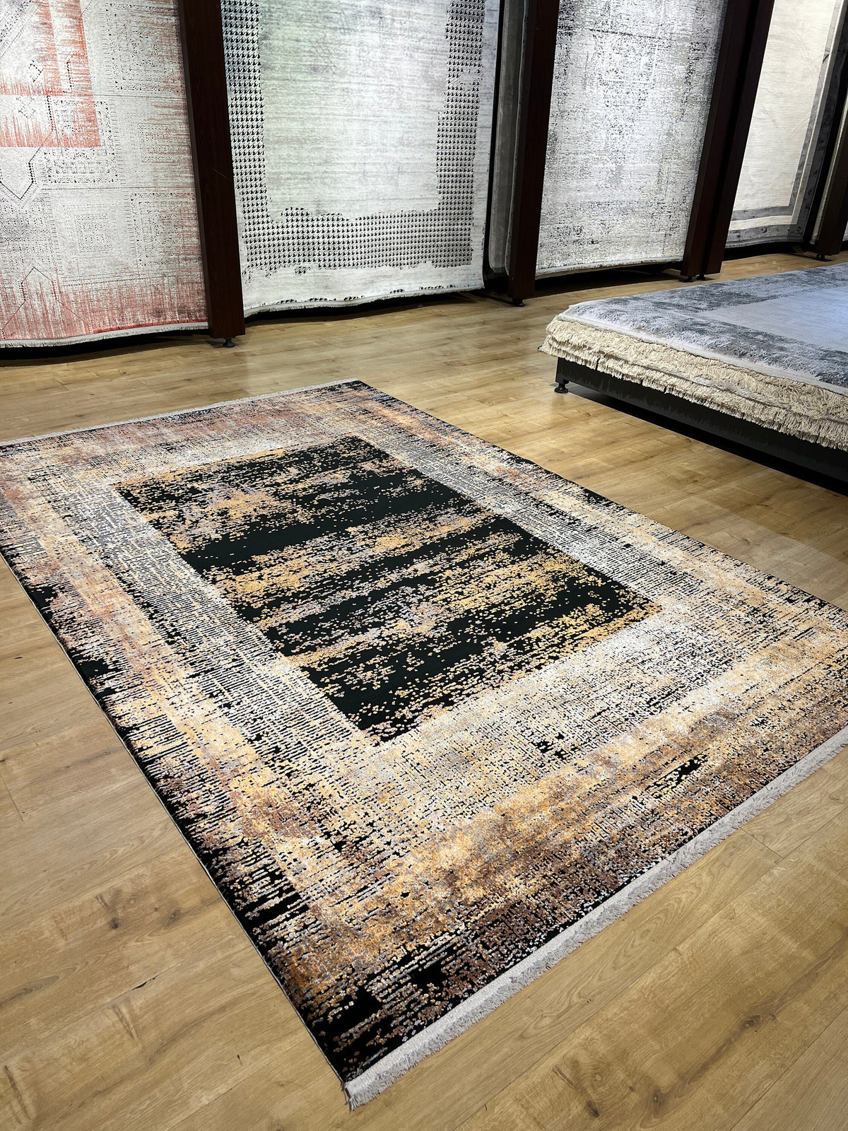 5x8 ft Black Gold Abstract Modern Bamboo Area Rug