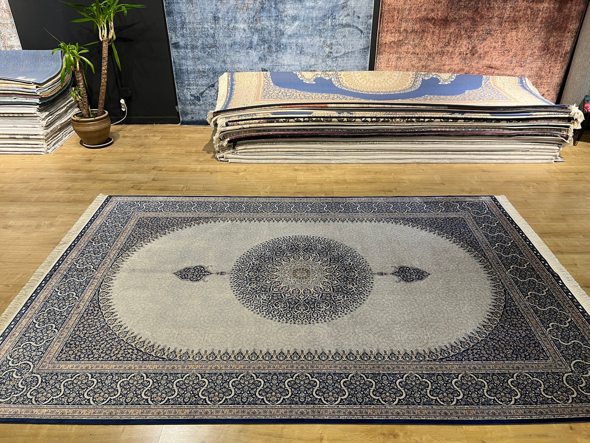7x10 ft Grey Silk Rug, Navy Medallion and Border, Classic Design