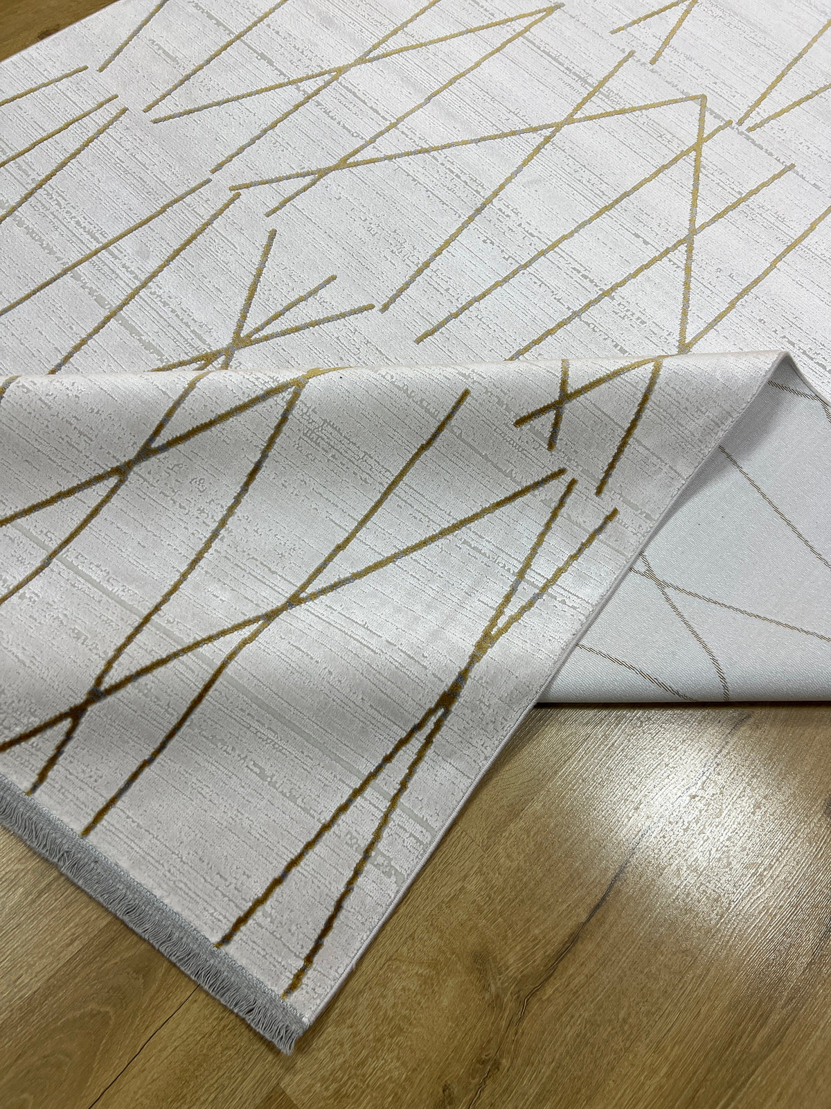 Modern Turkish Rug, White Gold Bamboo Acrylic, 5x8 ft