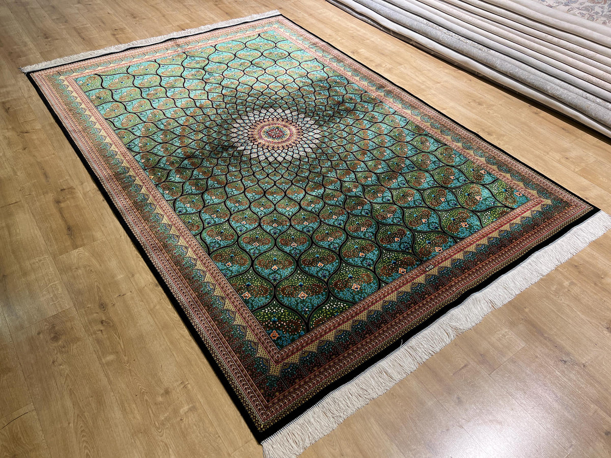 5x8 ft Green Silk Rug, Medallion Peacock Tail Design Rug, Luxury Carpet