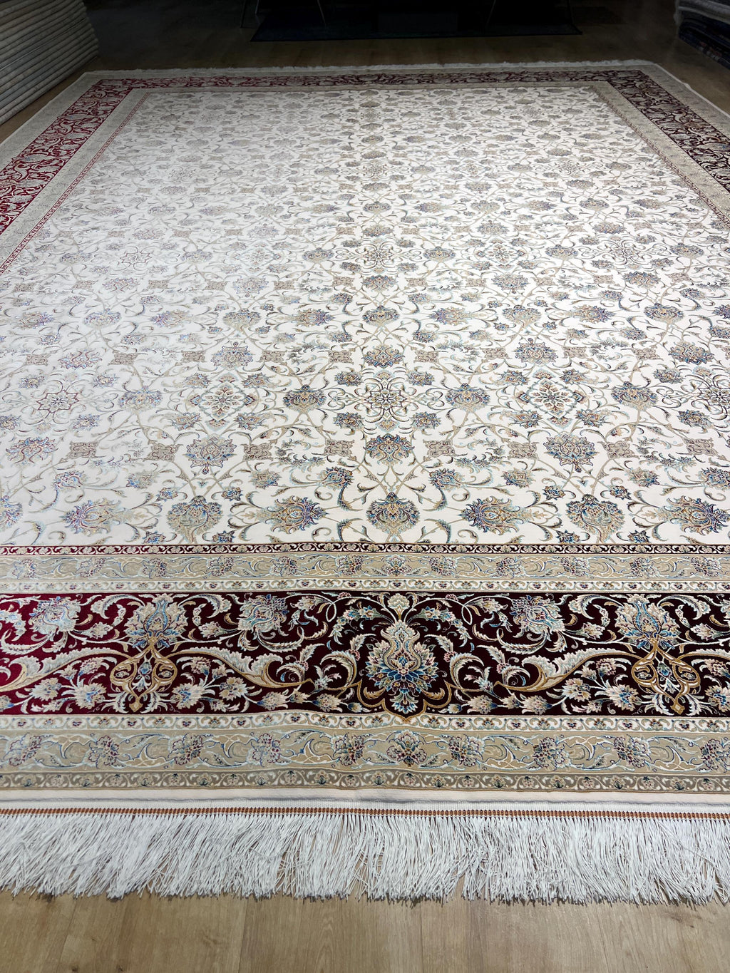 Cream Red Silk Rug, 10x13 ft, Large Classic Luxury Area Rug