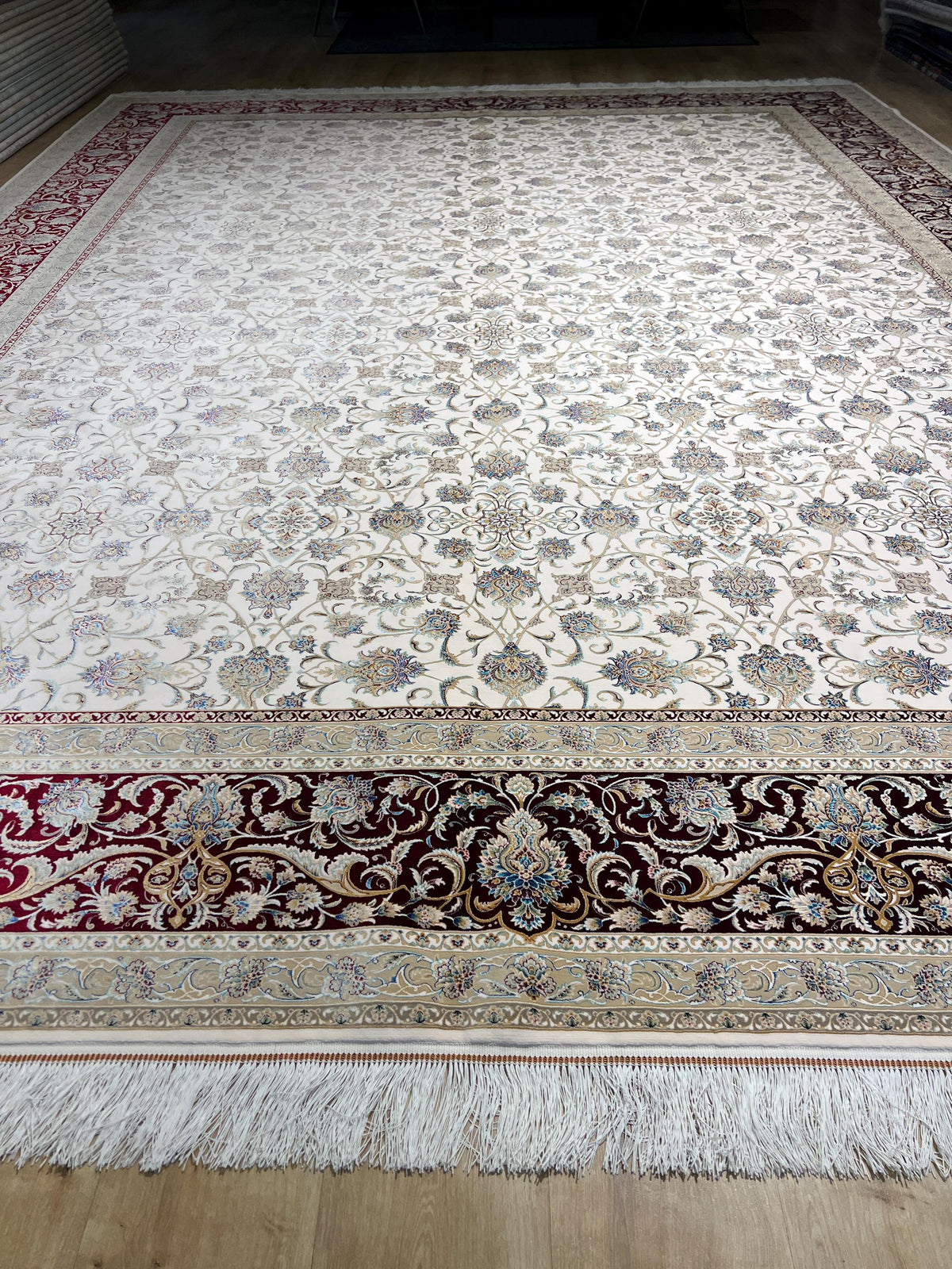 Cream Red Silk Rug, 10x13 ft, Large Classic Luxury Area Rug