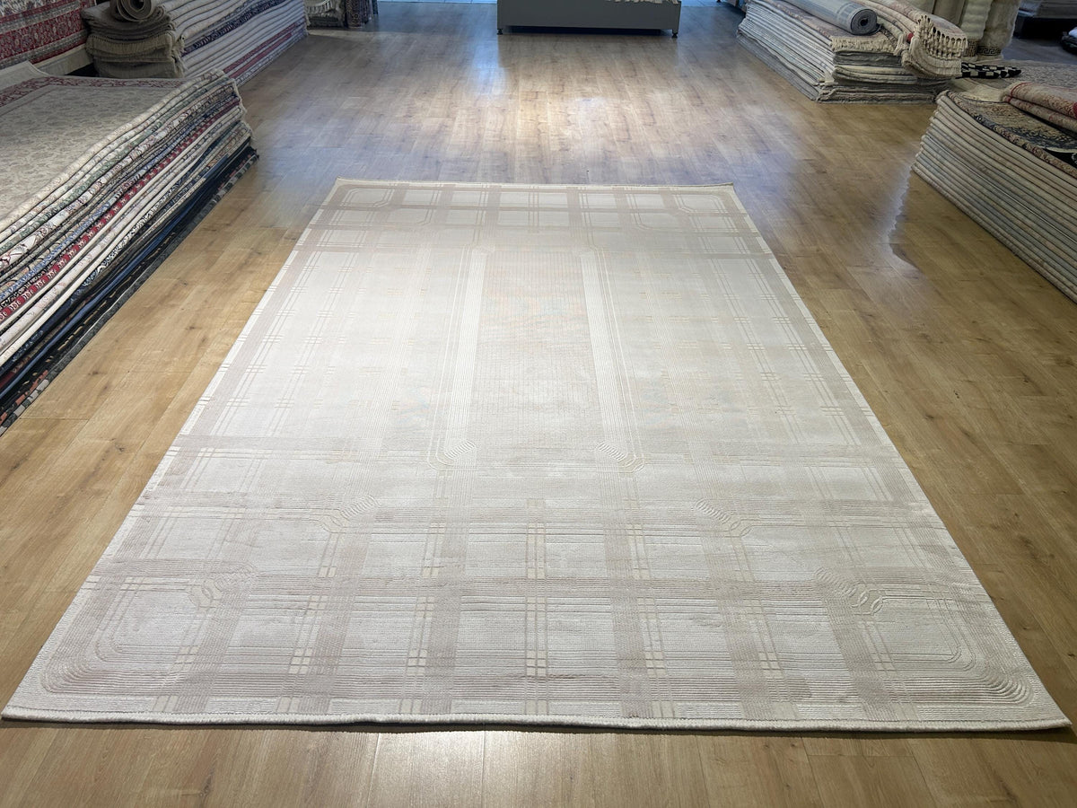Beige Cream Bamboo Rug, Striped Minimalist Modern Rug, Oversize Carpet
