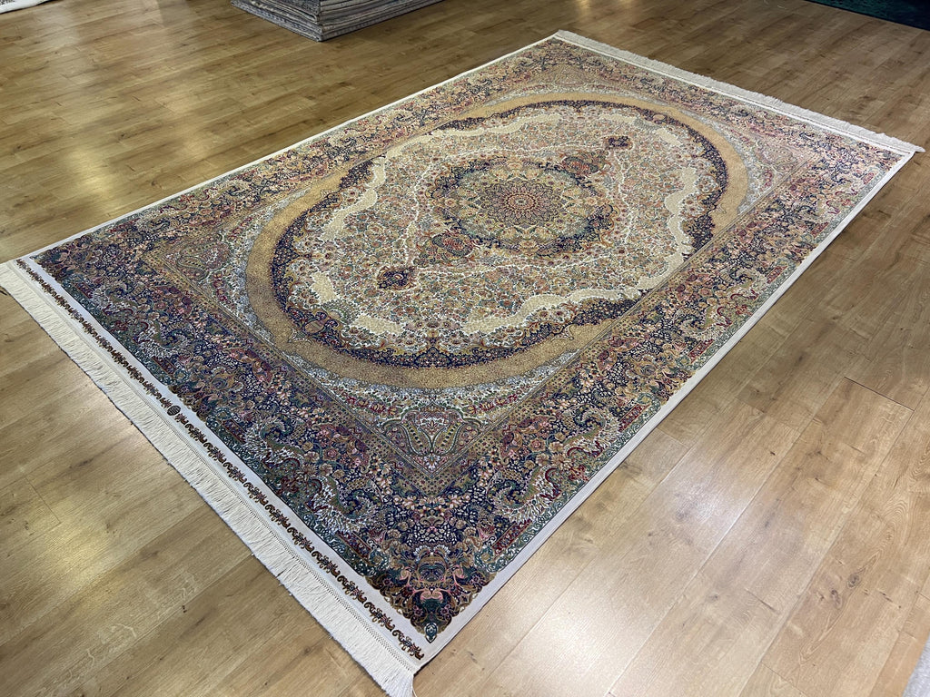 7x10 ft Ivory Silk Rug with Colourful Floral Medallion, Classic Luxury Carpet