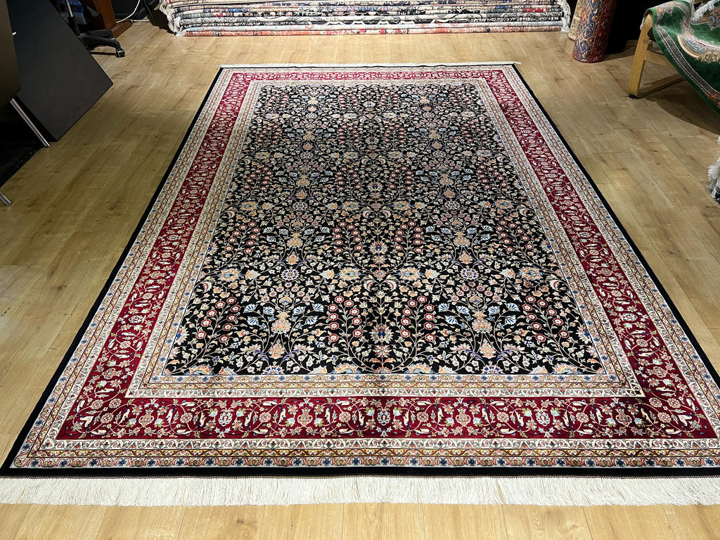 7x10 Ft Black Traditional Silk Rug With Red Border, Floral Classic Design