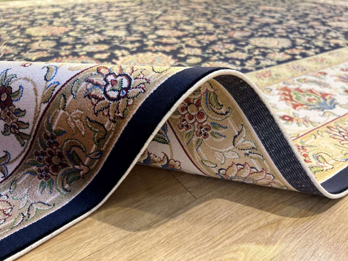 7x10 ft Navy Blue Silk Rug, Traditional Floral Carpet