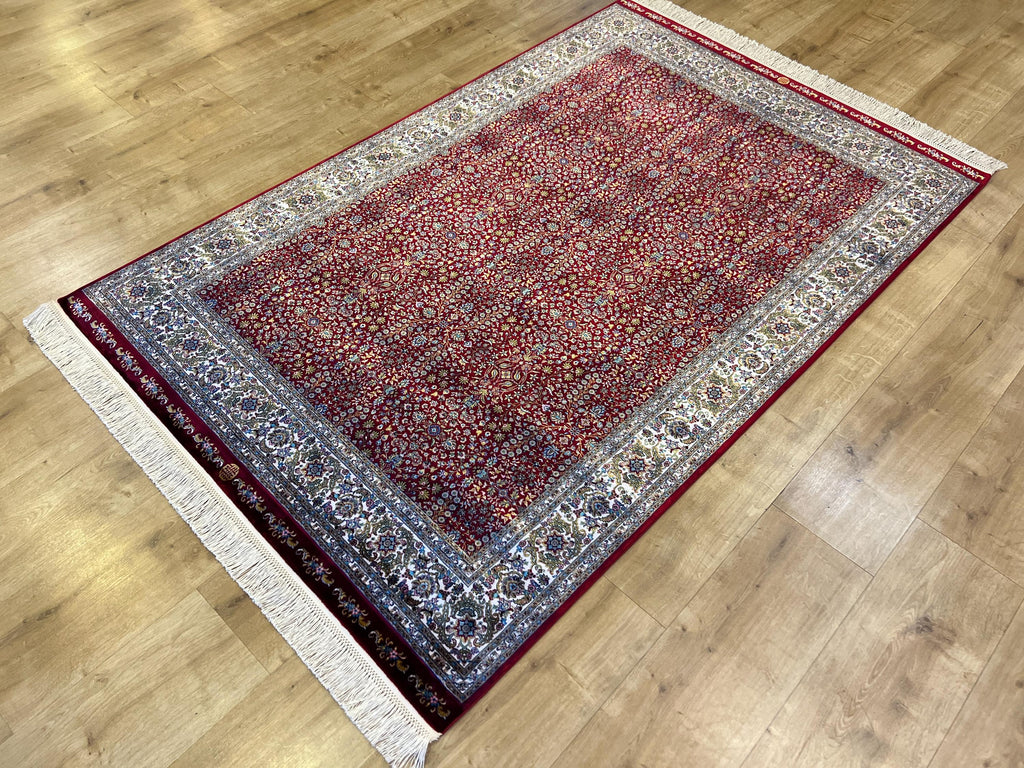 Red Silk Rug, 4x6 Ft, Floral Framed Design, Classic Luxury Area Rug