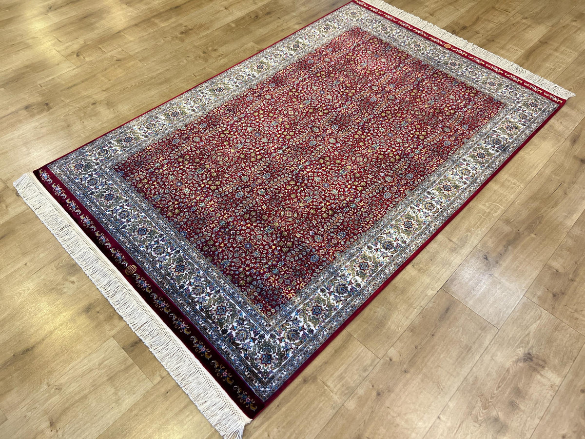 Red Silk Rug, 4x6 Ft, Floral Framed Design, Classic Luxury Area Rug