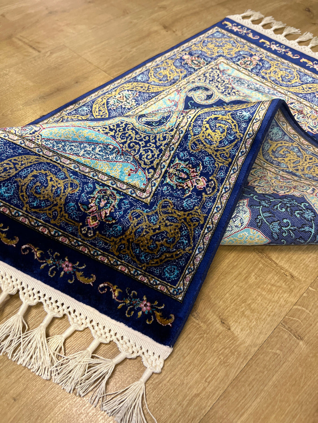 Navy Blue Silk Carpet, Medallion Design Classic Small Rug