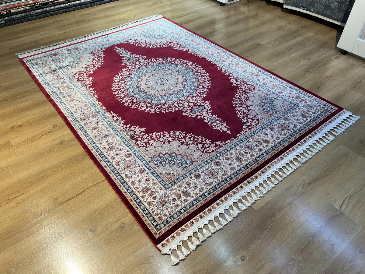 5x8 ft Red Silk Rug, Blue Gold Medallion, Classic Turkish Carpet, Luxury Rug