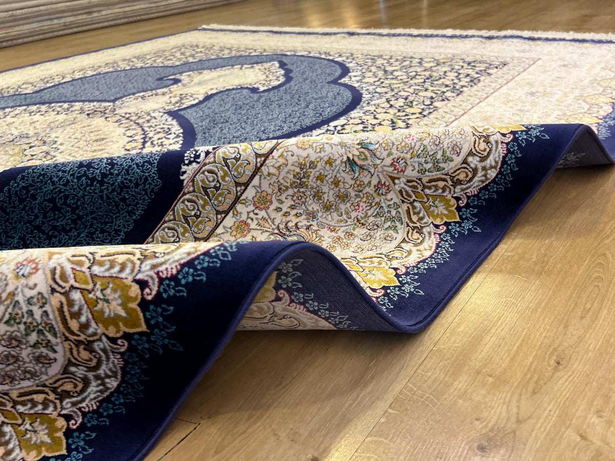 Navy Blue Modal Silk Turkish Carpet, 7x10 ft, Medallion Pattern Rug