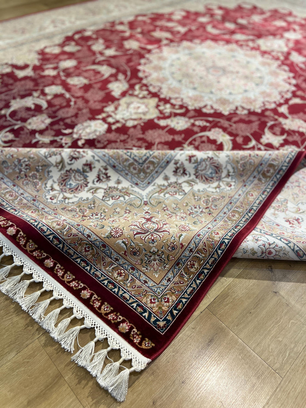 8x11 ft Classic Silk Carpet, Red Base Gold Medallion, Turkish Style Oversize Rug