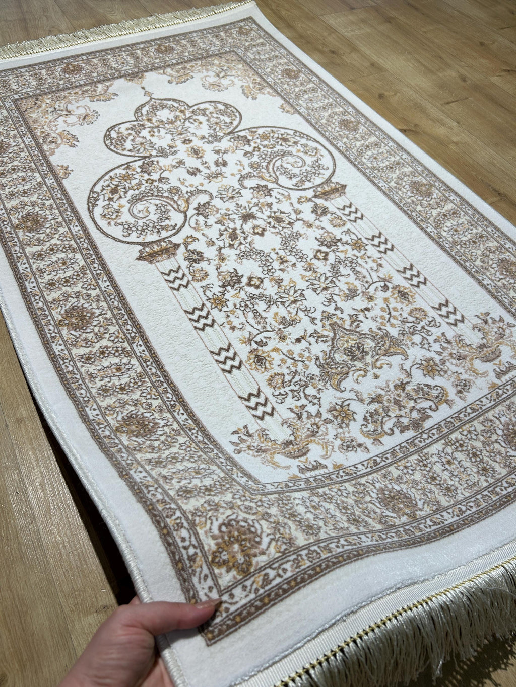 2.55x4.10 Ft Ivory Brown Silk Prayer Rug, Muslim Gift Prayer Mat