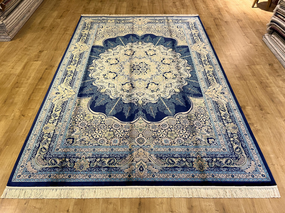 7x10 ft Luxury Blue Silk Area Rug, Classic Medallion Style, Oversize Rug