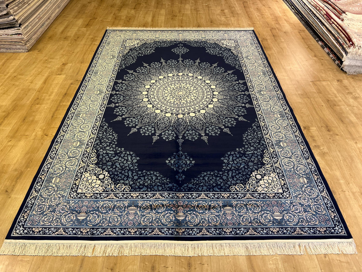 7x10 ft Elegant Navy Blue Silk Rug, Traditional Classic Medallion