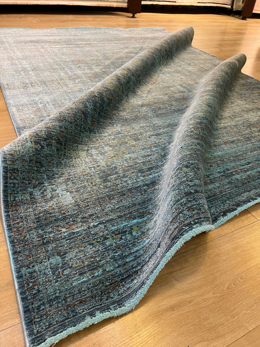 Blue Traditional Bamboo Rug, Distressed Pattern Rug, Luxury Home Decor