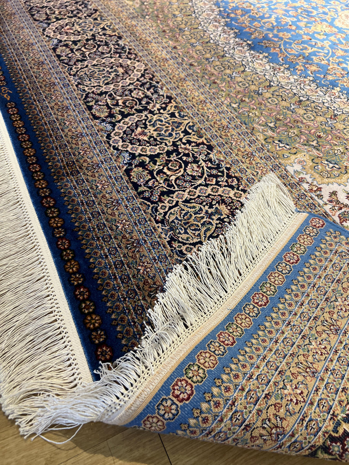 Blue Silk Rug 7x10 ft, Medallion Design Classic Turkish Carpet