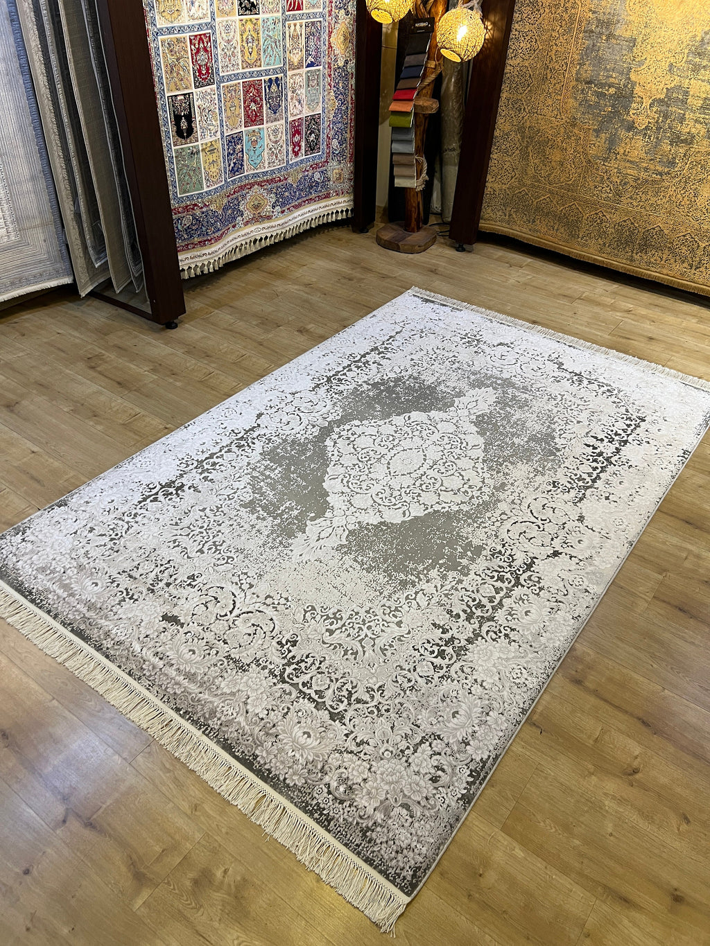 Gray Bamboo Rug, Turkish Medallion Design Carpet, Home Decor (5x8 ft)