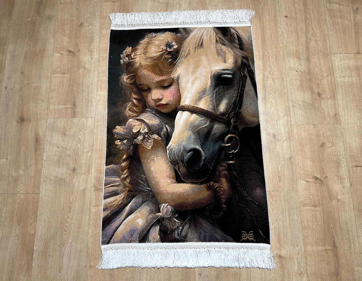 2x3 ft Horse Tapestry, Little Girl and Horse, Silk Rug, Woven Wall Art