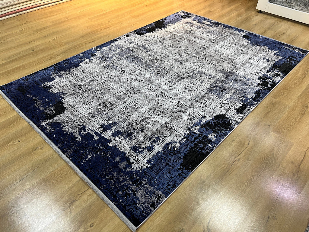 7x10 Ft Blue Gray Traditional Ethnic Pattern Distressed Bamboo Rug
