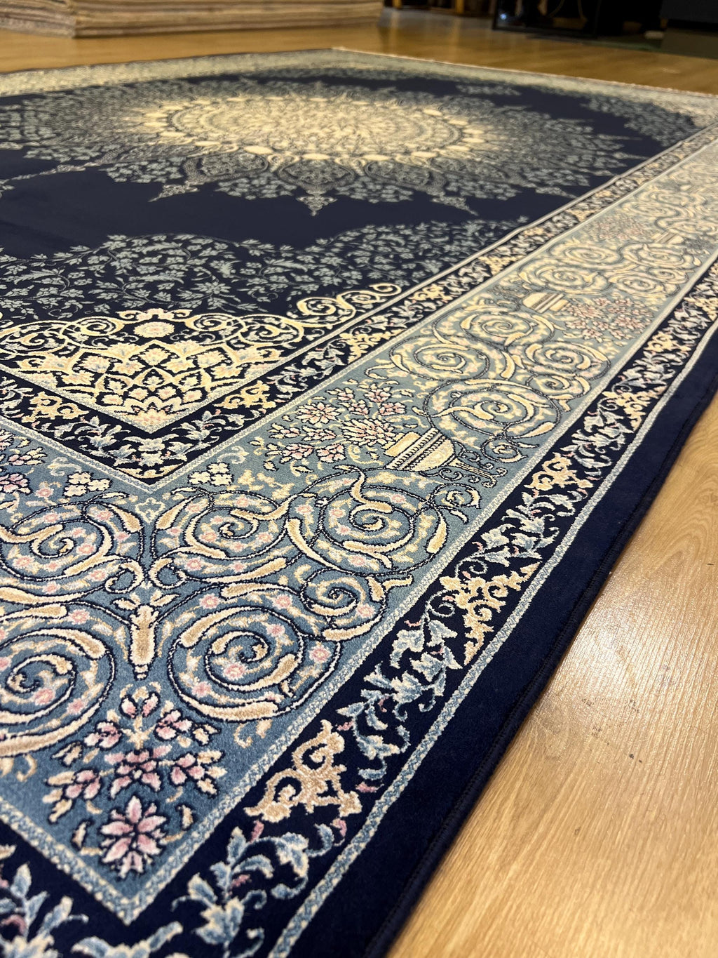7x10 ft Elegant Navy Blue Silk Rug, Traditional Classic Medallion