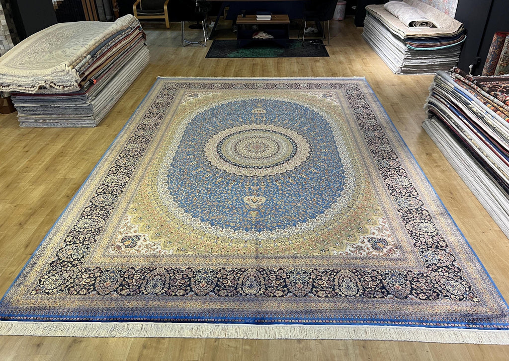 Bamboo Silk Rug 10x13 ft, Large Luxury Area Rug with Blue Medallion Design