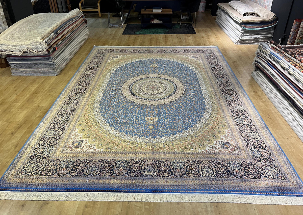 Bamboo Silk Rug 10x13 ft, Large Luxury Area Rug with Blue Medallion Design