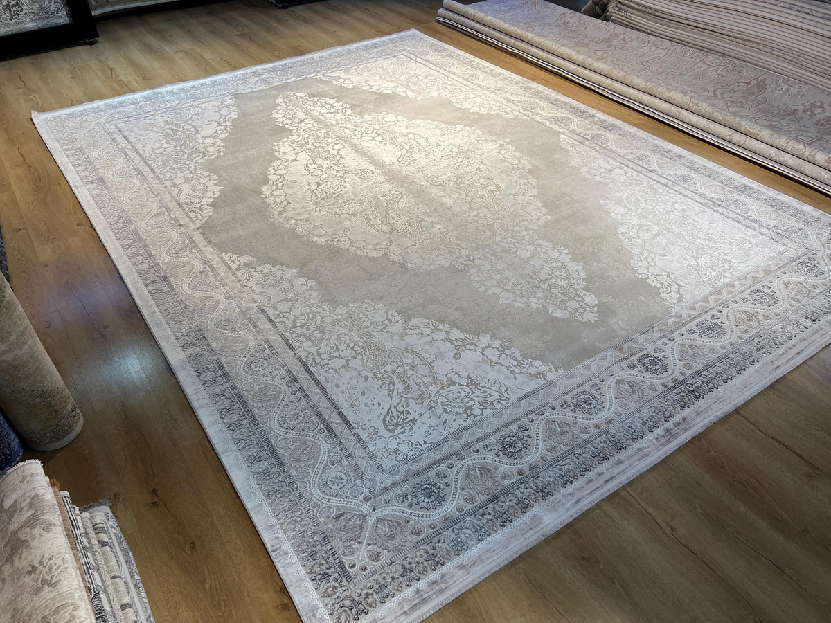 Gray Bamboo Rug, 10x13 ft, Large Classic Medallion Design Area Rug
