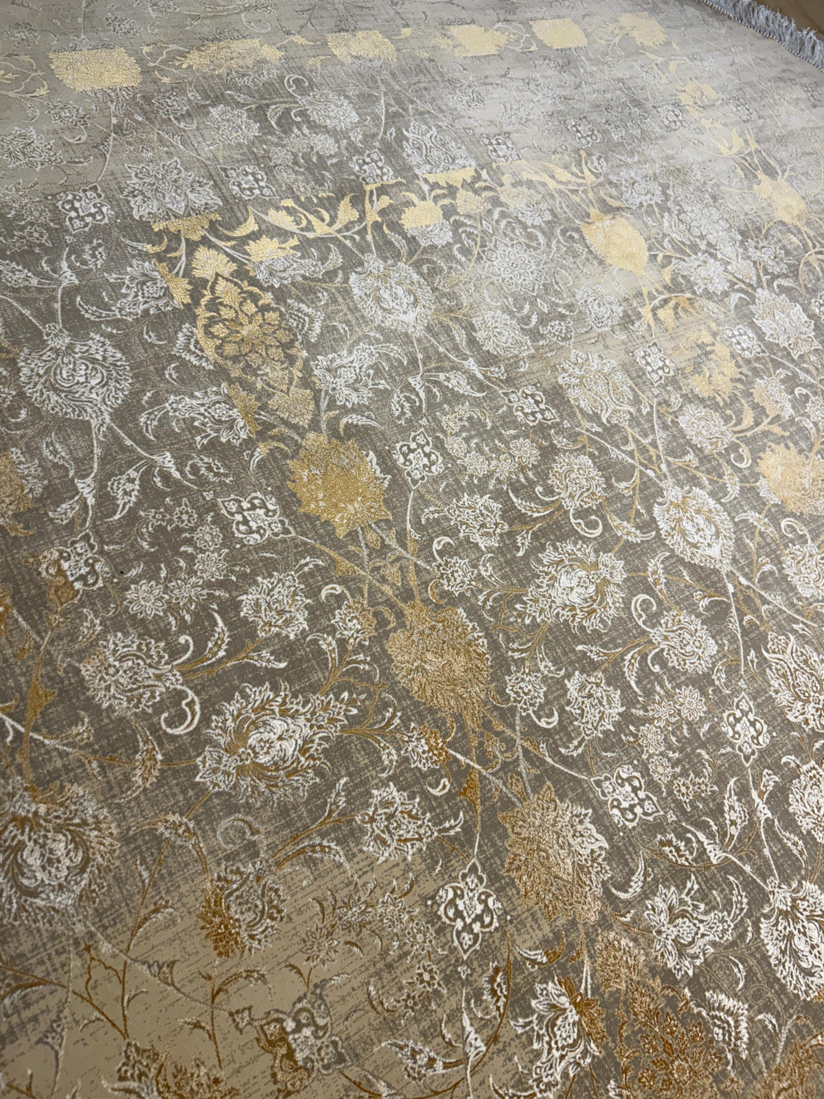 7x7 Ft Beige Gold Silk Rug, Distressed Floral Pattern Carpet