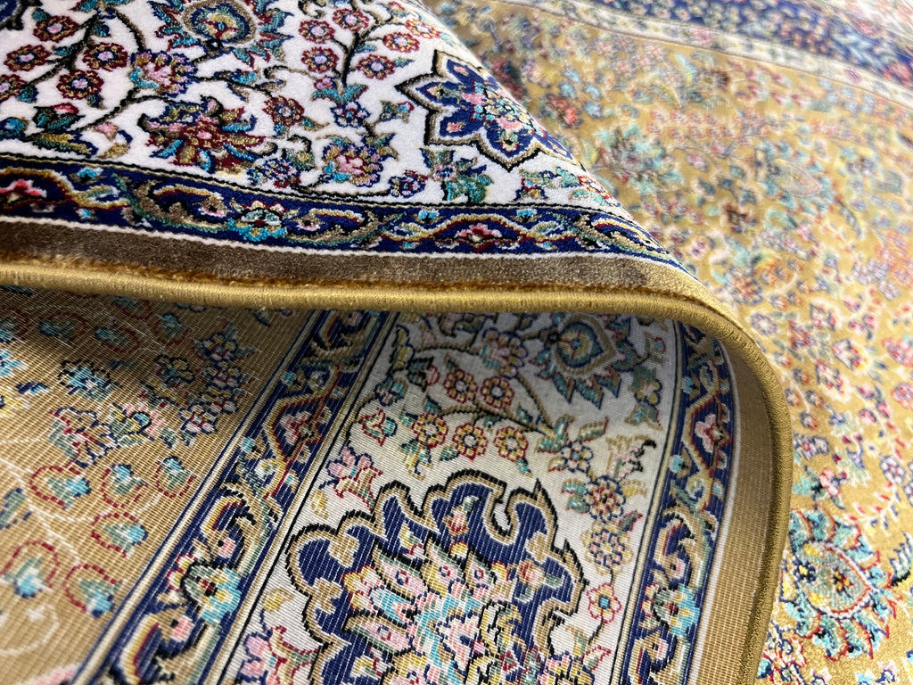 Gold Blue Silk Prayer Rug, Janamaz Mat, Muslim Gift Mat (2.62 X 4.10)