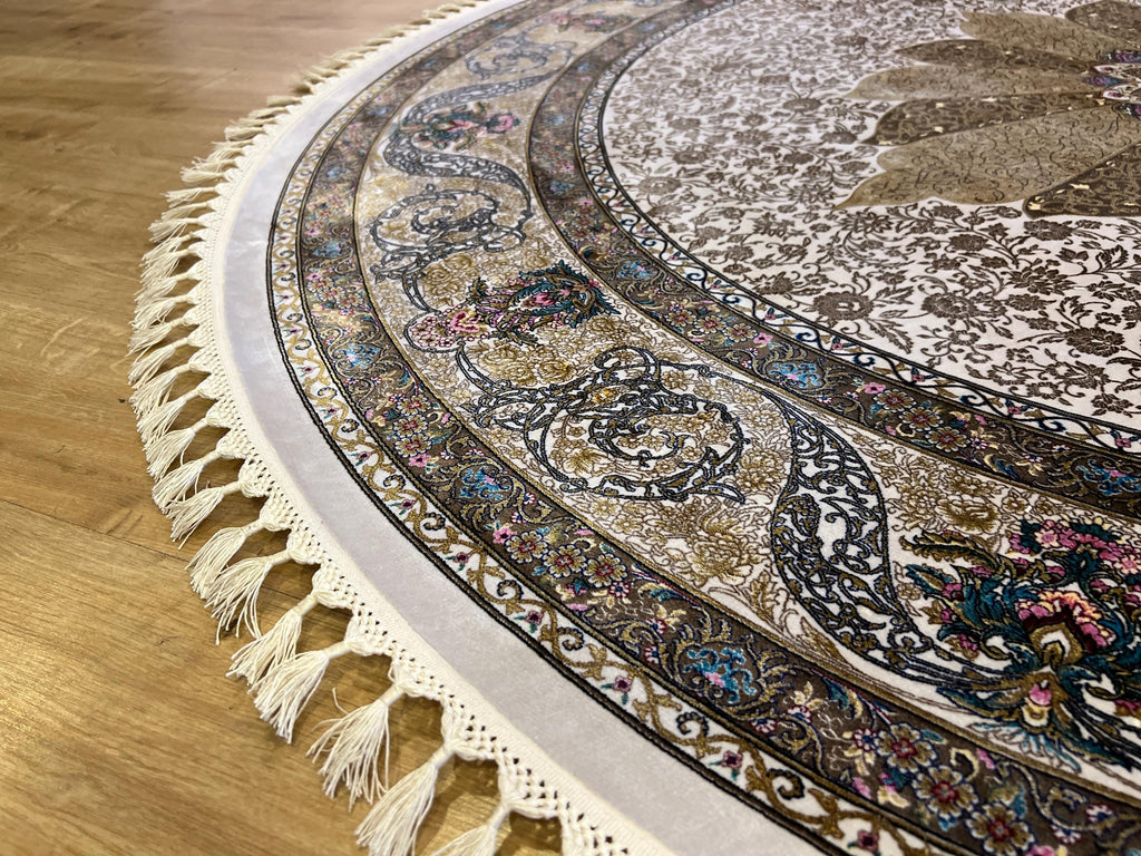 Ivory Gold Silk Round Rug, Medallion Design Rug, Classic Style Carpet