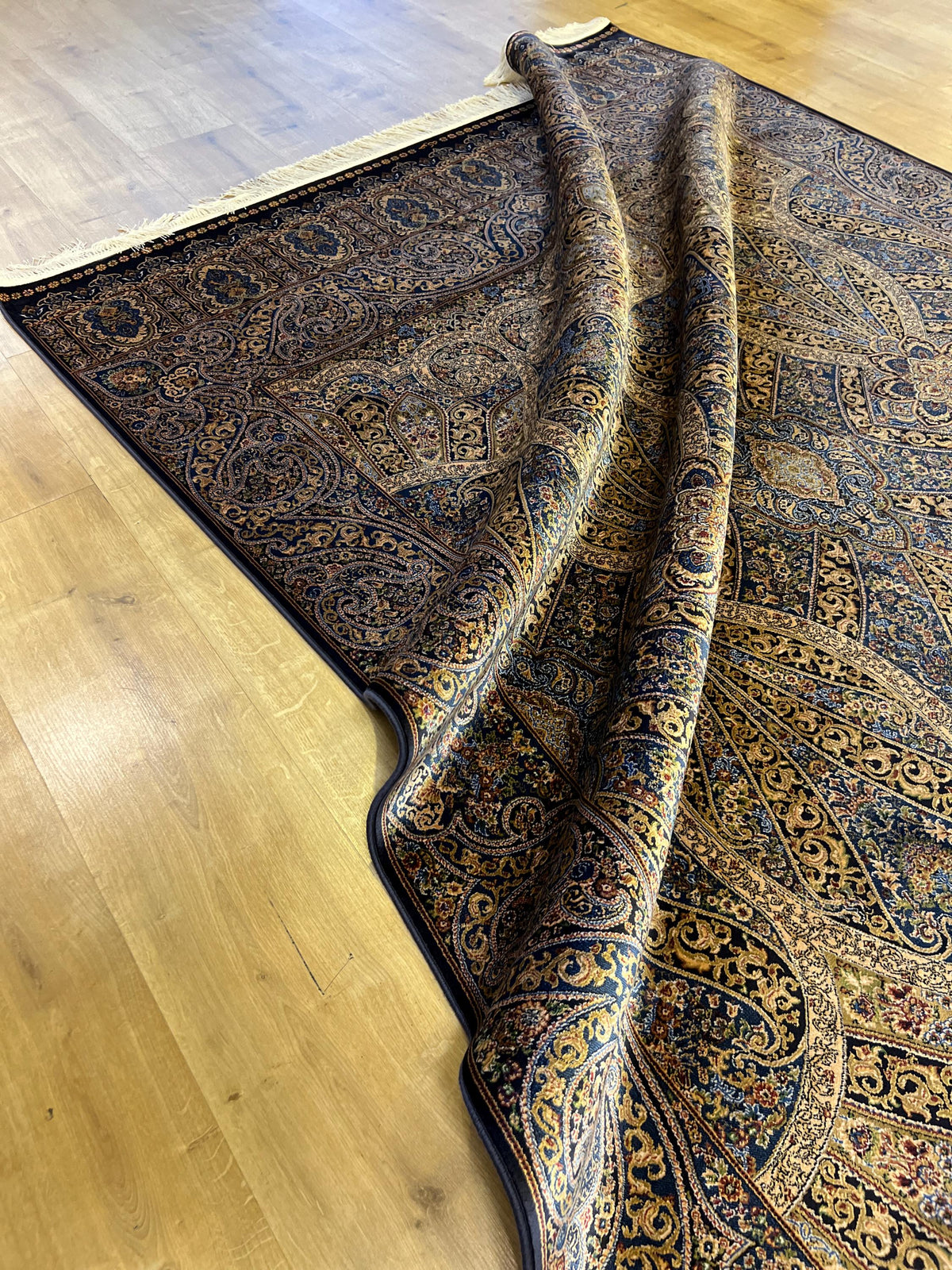 5x8 ft Blue Gold Silk Rug, Classic Turkish Carpet, Luxury Floral Design, Area Rug