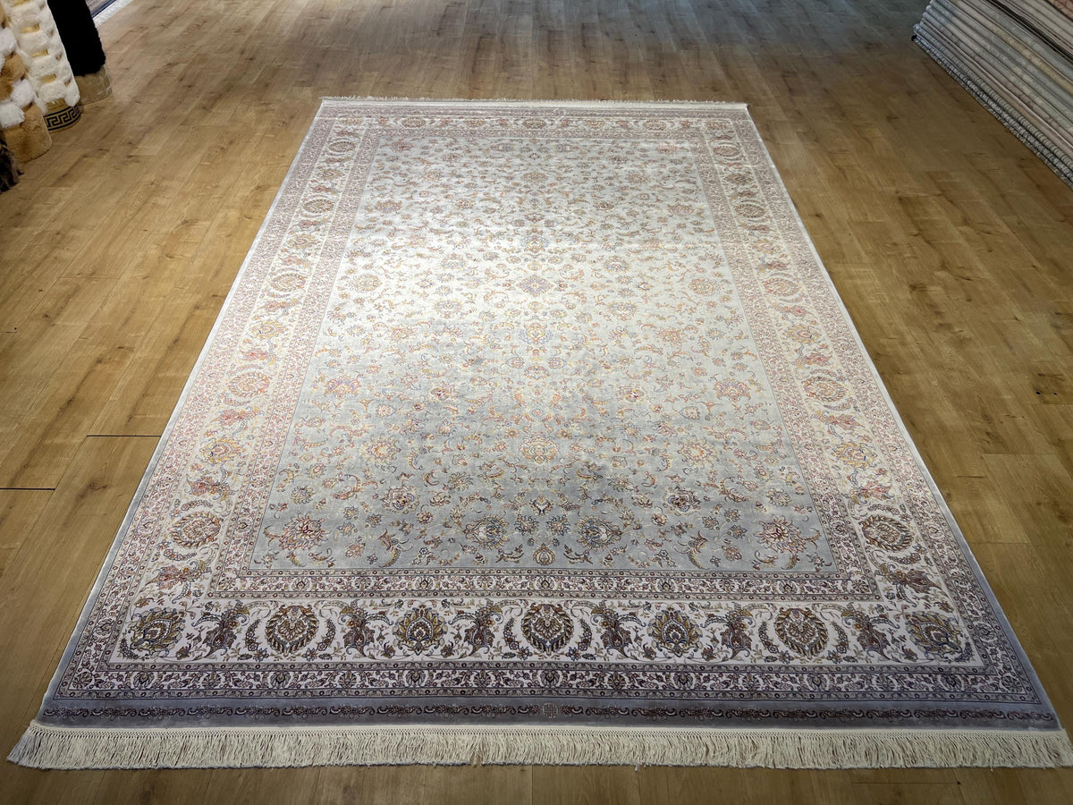 7x10 ft Gray Floral Silk Rug, Classic Turkish Silk Carpet, Luxury Home Decor