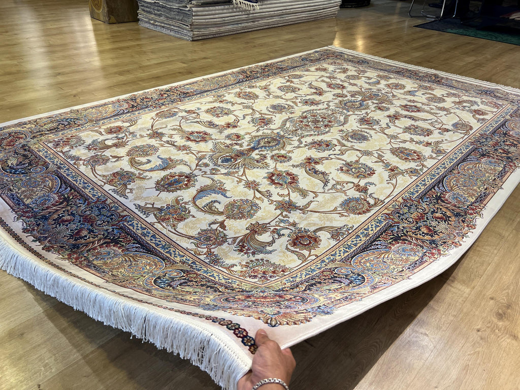 7x10 ft Ivory Silk Rug, Navy Border Classic Turkish Style, Oversize Rug
