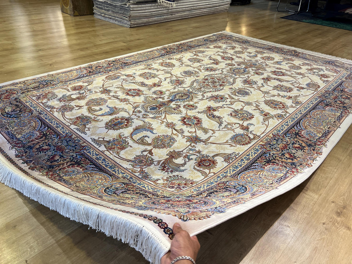 7x10 ft Ivory Silk Rug, Navy Border Classic Turkish Style, Oversize Rug