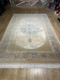 7x10 Beige Silk Rug, Blue Medallion Classic Luxury Turkish Carpet