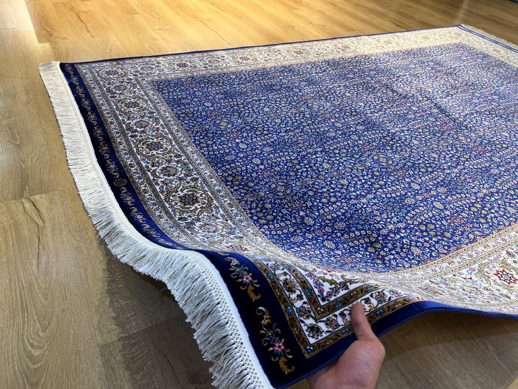 5x8 ft Navy Blue Silk Rug, Floral Border Design, Turkish Style Carpet, Luxury Rug