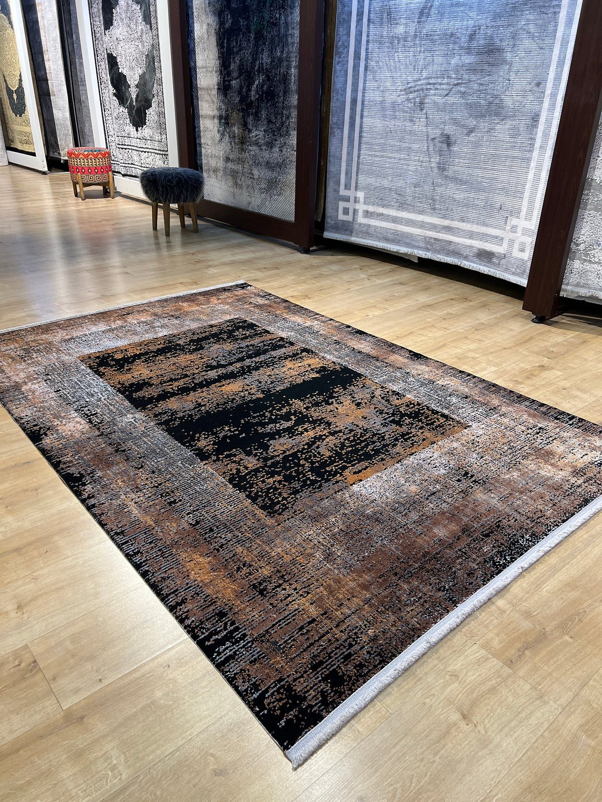 5x8 ft Black Gold Abstract Modern Bamboo Area Rug